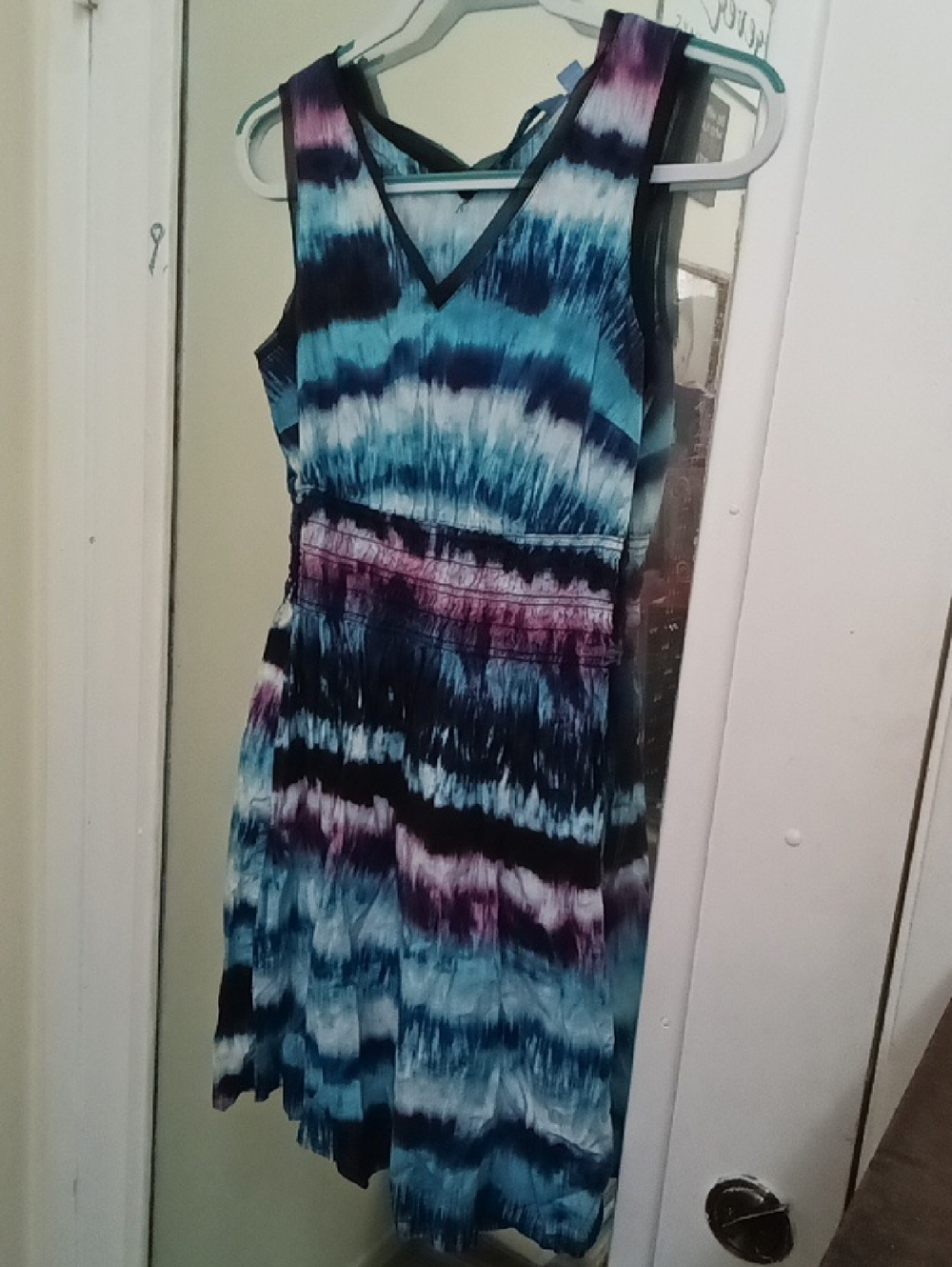 Women's Tie-Dye V-Neck Sleeveless Pullover Dress in Blue and Purple